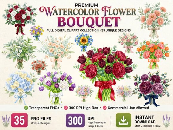 Download Watercolor Flower Bouquet Clipart Bundle - Lower Collection
